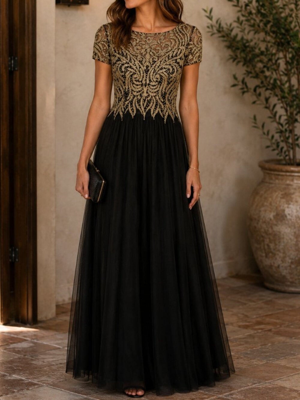 Basix Black Label Beaded Embroidered Gown Black Gold Tulle 10